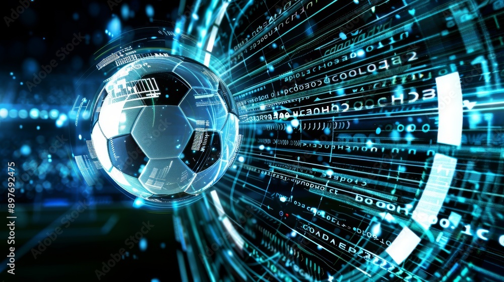 Poster soccer ball displaying futuristic data analysis and statistics in a stadium