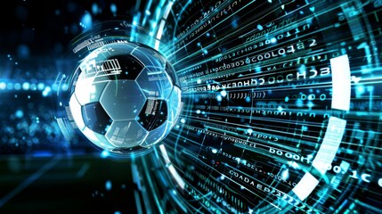 Soccer ball displaying futuristic data analysis and statistics in a stadium