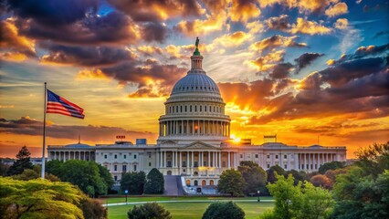 Fototapeta premium Capitol Building Sunset with Golden Clouds, American Flag, Washington D.C, Government, Capitol, Landmark, USA