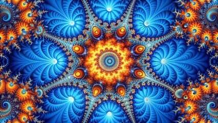 Fractal Mandala in Blue and Orange Hues, Abstract Art, Digital Painting, Psychedelic, Fractal Art, Fractal Geometry, Digital Design