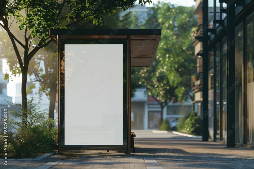 Poster an empty waiting shelter with digital sign, set against a backdrop of urban architecture and greener
