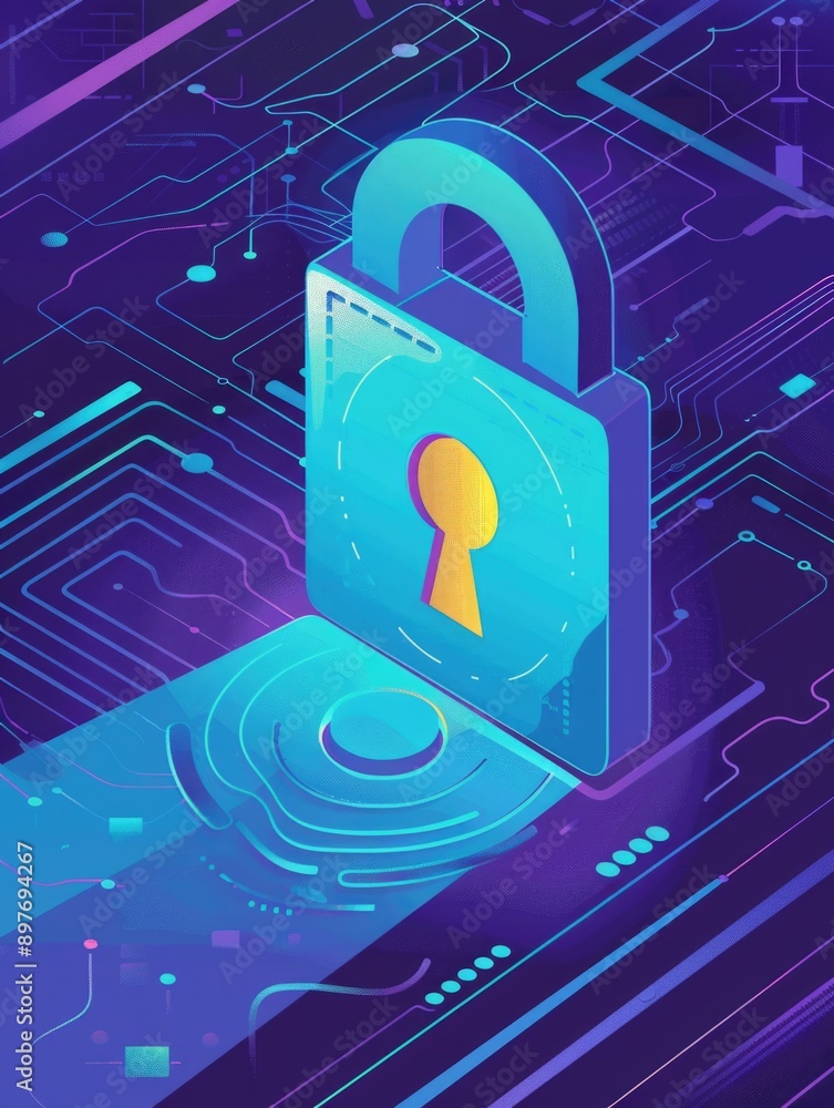 Poster an illustration of a secure digital lock with a key in the center, surrounded by futuristic circuitr