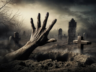 Spooky zombie hand coming out from the ground of the graveyard on Halloween night