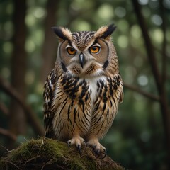 Silent and mysterious owl perched on a tree branch under the starlit sky