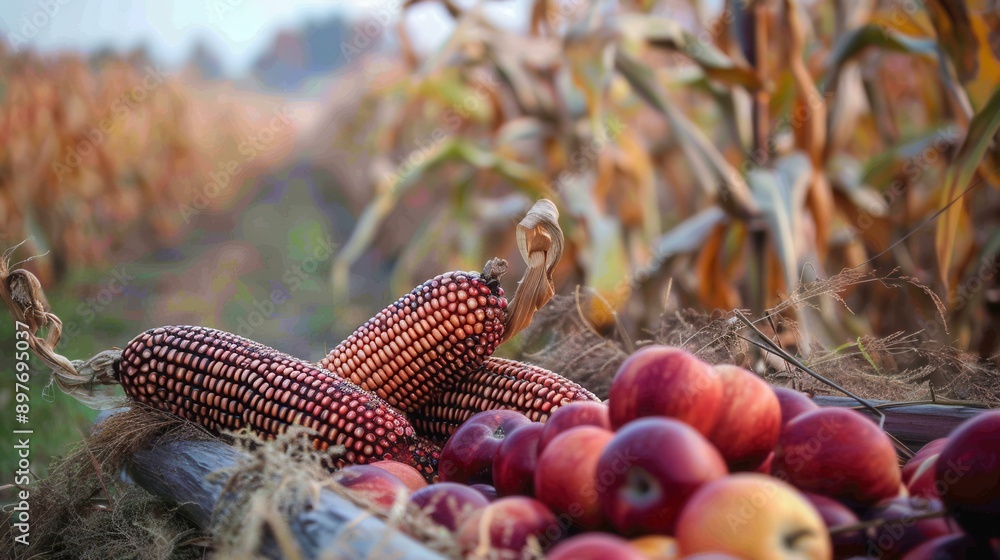 Poster a basket overflowing with red apples and red and white corn, surrounded by dry corn stalks in a fiel