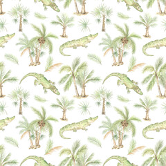 Watercolor seamless pattern with friendly alligators and palm trees on white background. For kids cloths, home textile, summer dresses and swimsuits, shower curtains and wallpaper