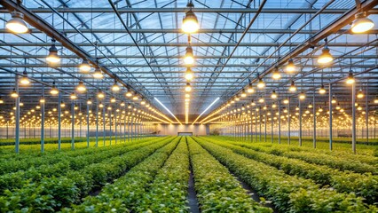 Greenhouse Interior with Rows of Plants and Lights, agriculture, horticulture, greenhouse lighting, indoor gardening