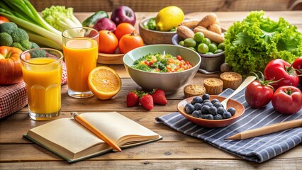 Healthy Food Table with Open Cookbook, Orange Juice, Fresh Fruit, Vegetables, and Grapes, healthy eating, fruit salad