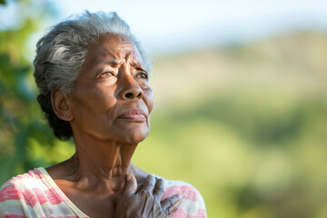 Old senior elderly African American woman suffering a heart attack stroke outdoors in the summer heat, with her hand on her chest, showing signs of dehydration and exhaustion under