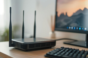 Wi-Fi router modem with antennas on a desk next to a TV screen and keyboard. Home network connection, black wireless equipment. Photo