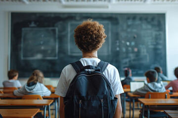 Obraz premium Boy back to school in a classroom environment
