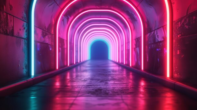 Holographic passageway, neon lights, futuristic atmosphere, advanced technology, copy space for text, focus cover all object, deep dept of field