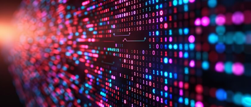 Vivid digital background with colorful binary code light patterns, representing technology and data innovation concepts.