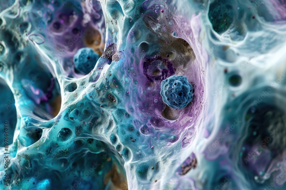 Poster microscopic view of algae cell, showing intricate structure and colorful inclusions.
