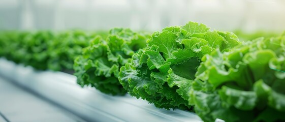 Fresh green lettuce growing in a modern greenhouse, showcasing vibrant leaves and healthy cultivation.