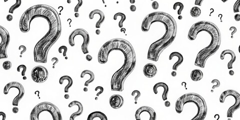 Naklejka premium Pencil Sketch of Question Marks, black and white, abstract concept, interrogation, query, mystery, doubt