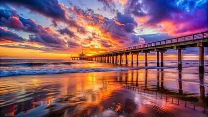 Fototapeta premium Pier Reflections at Sunset, Ocean, Pier, Sunset, Beach
