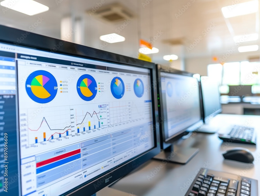Poster computer monitors showing statistical charts for business analysis