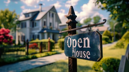 Real estate sign post with "Open House" written in bold letters