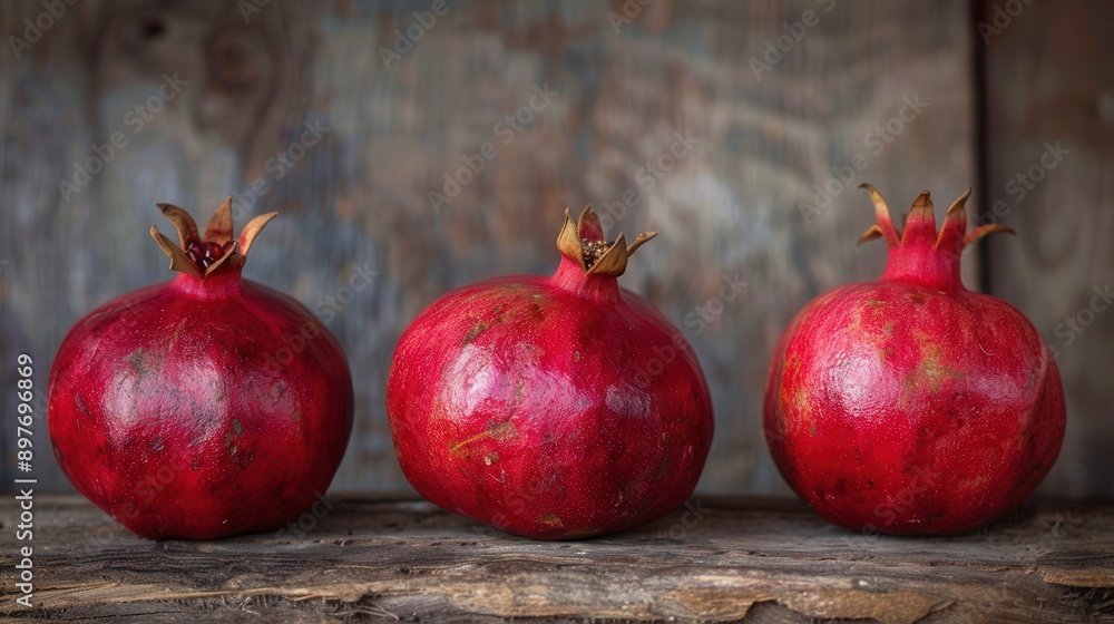 Poster three ripe pomegranates with visible seeds are displayed on a rustic wooden surface.