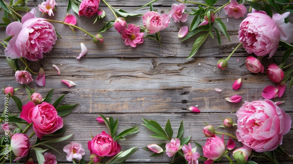 Wall mural pink peonies and roses on rustic wooden background with card concept and copy space