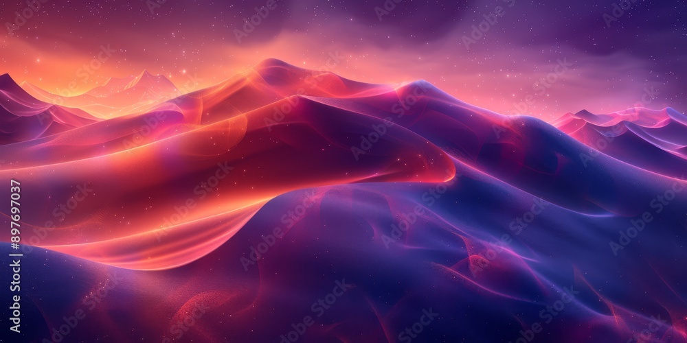 Poster a stunning abstract landscape with vibrant neon colors, creating a surreal and captivating scene in 
