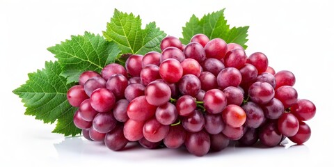 Obraz premium Red Grape Cluster with Green Leaves, white background, isolated, still life, fruit, grape, vineyard