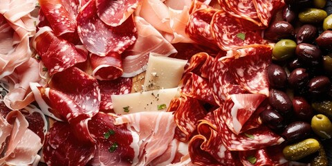 Variety of sliced meats, cheeses, and olives on a serving board.