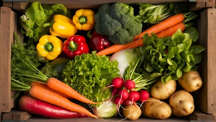 Wooden Crate Filled with Fresh vegetables, perfect for healthy eating and farm-to-table concepts