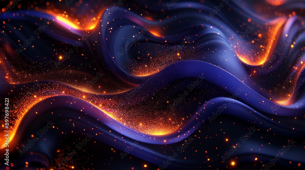 Poster dynamic abstract waves interlaced with sparking particles, creating a vibrant and futuristic visual.