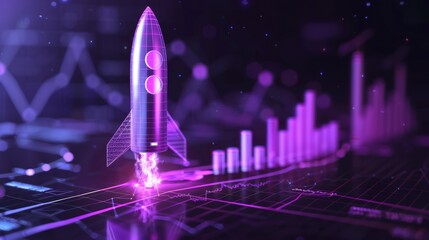Purple illuminated graph and rocket on a dark backdrop for a business growth theme,