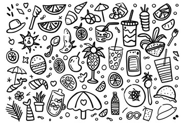 Hand-drawn sketch of summertime beverages and treats with tropical vibe.