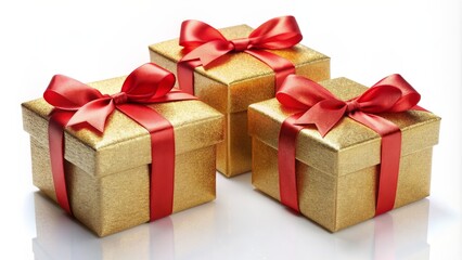 Obraz premium Three Golden Gift Boxes with Red Ribbons, Close-up, Isolated, Christmas, Holiday, Decoration, Present