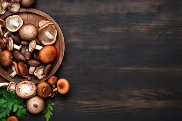 Obraz premium Assortment of various raw mushrooms on dark wood background. Vegan food concept. Template for design menu, recipe, banner, poster. Top view, flat lay with copy space