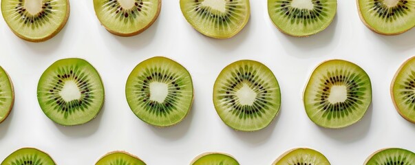 Fototapeta premium Slices of kiwi fruit arranged in a pattern on white background, healthy eating and freshness concept