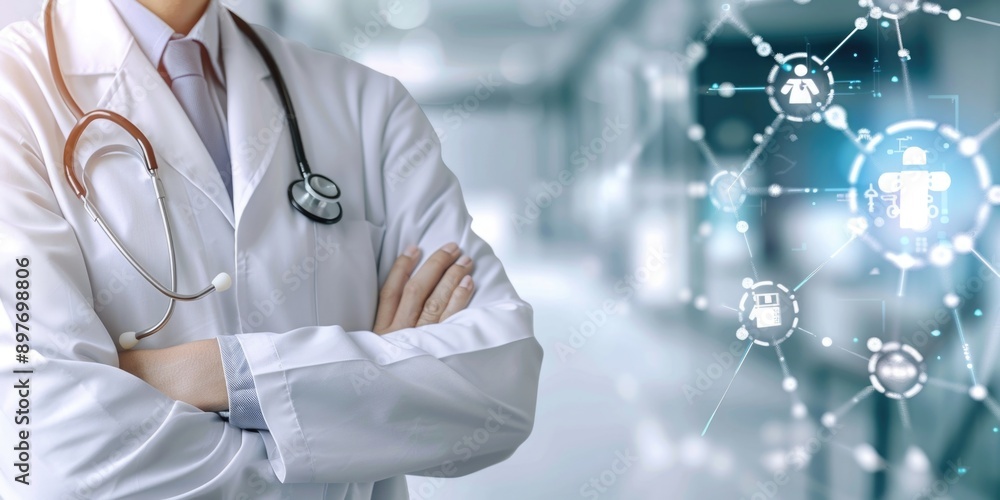 Poster physician analyzing health data with digital interface