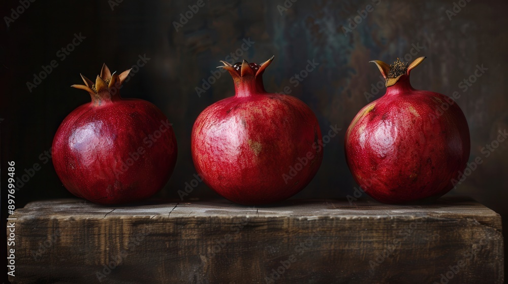 Poster Three whole pomegranates with visible seeds sit in a row on a rustic wooden plank.