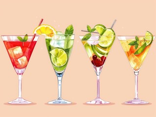 Vibrant mixed drinks with fruit and ice cubes, ideal for summer gatherings.