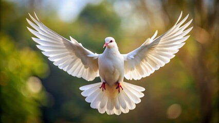 Obraz premium White Dove in Flight, Wings Spread Wide, Blurred Green Background, Peace, Hope, Symbol, Bird