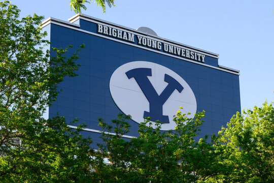 Provo, UT, USA - June 10, 2024; Large stadium sign with school logo letter at Brigham Young University