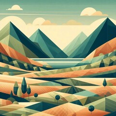 geometric art style landscapes. AI generated illustration