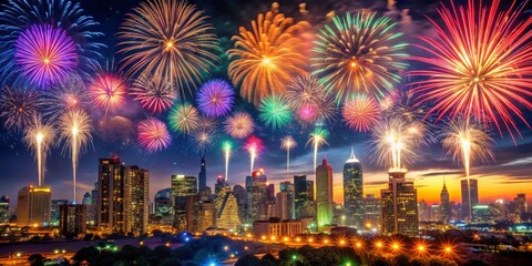 Cityscape Fireworks Display, Night Sky, Urban Celebration, Light Show, Skyline