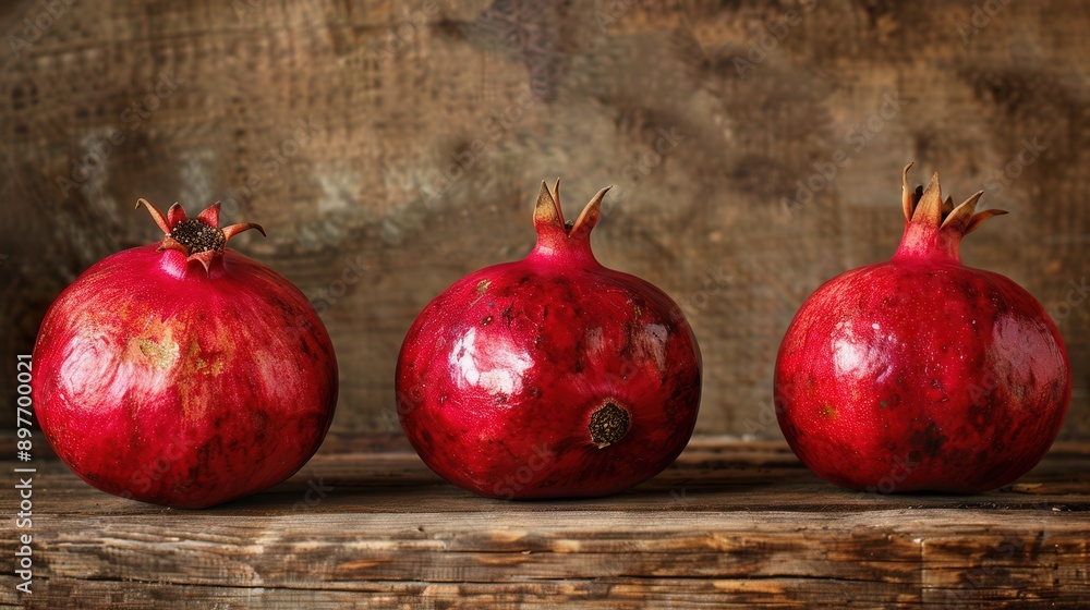 Poster Three ripe pomegranates with visible seeds rest on a rustic wooden surface. The pomegranates are arranged in a row, and their red skin reflects the light.