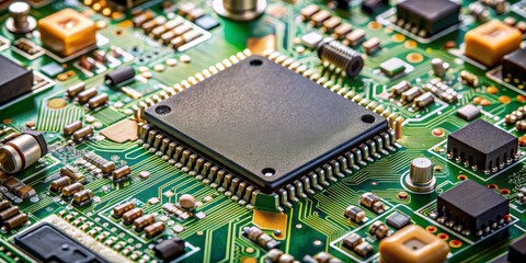 Closeup of a Microchip on a Green Circuit Board, Technology, Electronics, Hardware, Microchip