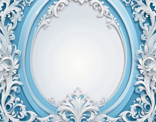 Frame with white decorative leaves and flowers in Rococo Baroque style. Delicate soft elements pastel light blue background. Intricate details of leaves, delicate beauty. Copy space. AI generated
