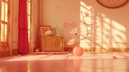   A vase with pink flowers rests on wooden floor near a wall-mounted clock