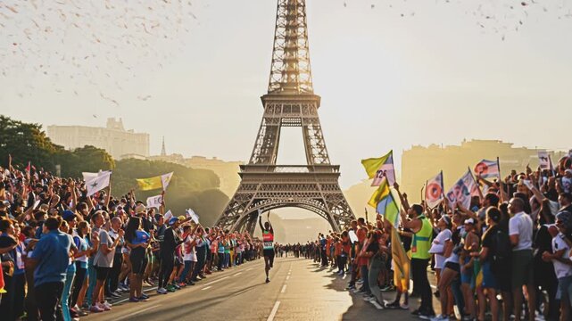A group of people stand on the street in front of the Eiffel Tower during the Olympics, greeting the winner of the marathon