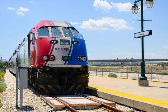 Ogden, UT, USA - June 10, 2024; Utah Transit Authority Front Runner commuter train at Ogden station