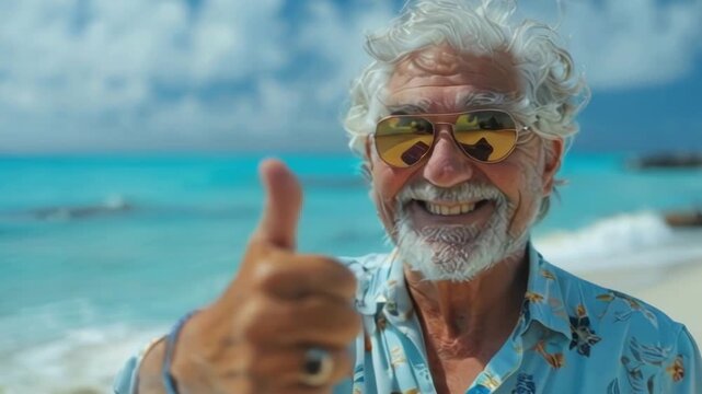 Elderly man with a beard and sunglasses at beach gives thumbs up, happy and showing approval