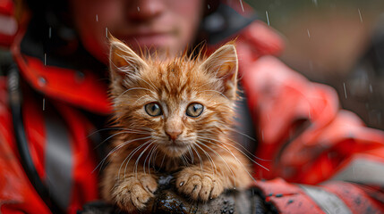 Cute ginger kitten in the hands of a firefighter in the rain